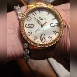 Gently used Vivani Leather/Rhinestone Cuff Watch